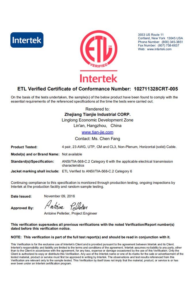 ETL-CAT6 Verified Certification